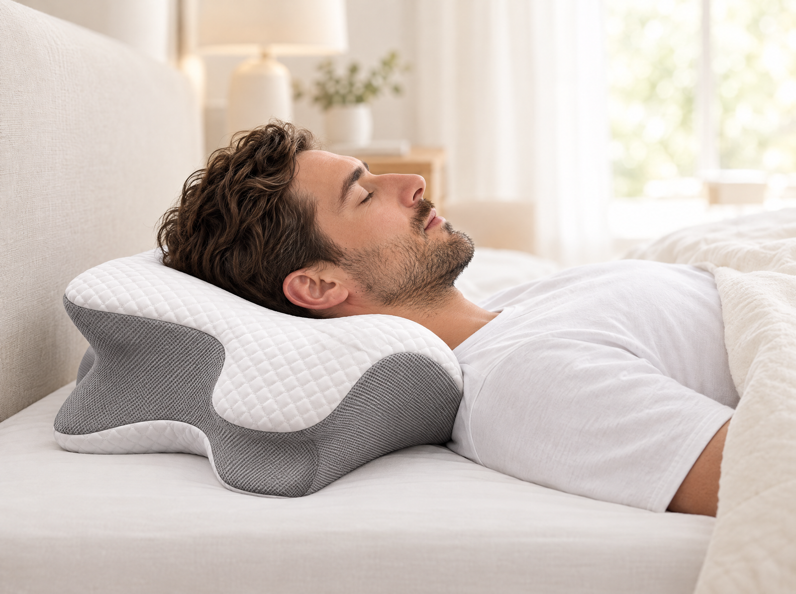 Man sleeping on his back on the Cradle Pillow