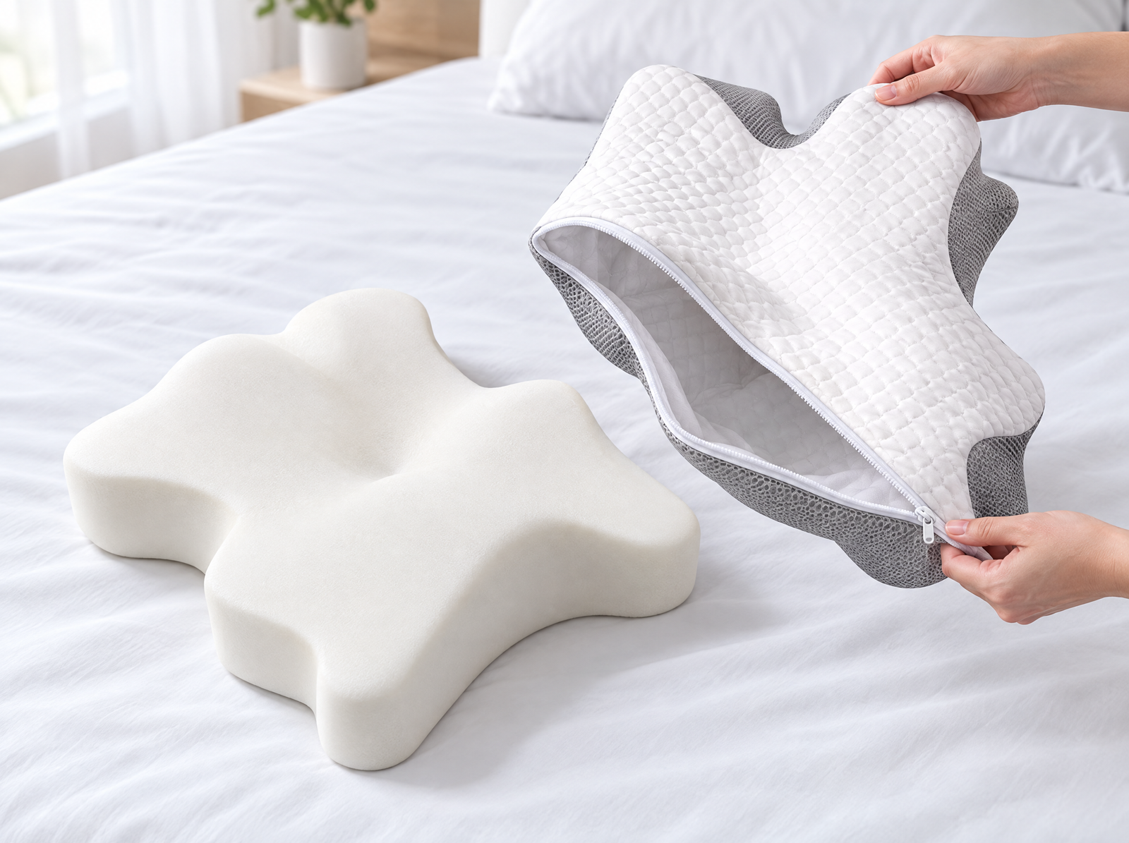 The Cradle Pillow foam core next to its zip-off washable cover