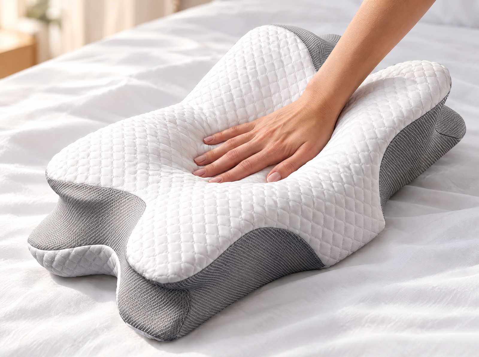 Hand pressing into the Cradle Pillow memory foam